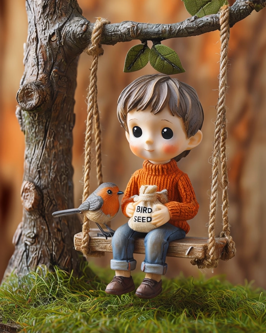 Charming Young Boy on Swing with Bird Figurine Art