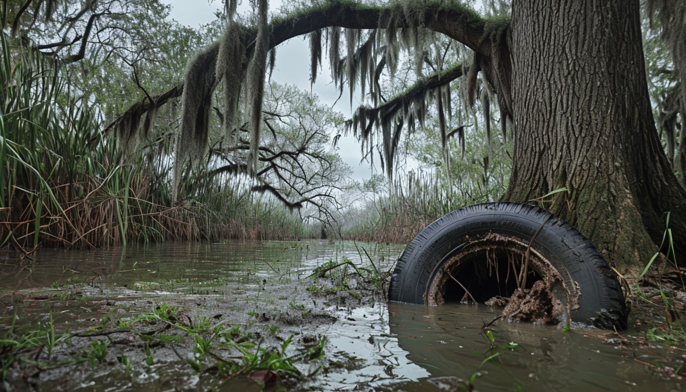 Eerie Flooded Forest Landscape with Worn Tire Virtual Background
