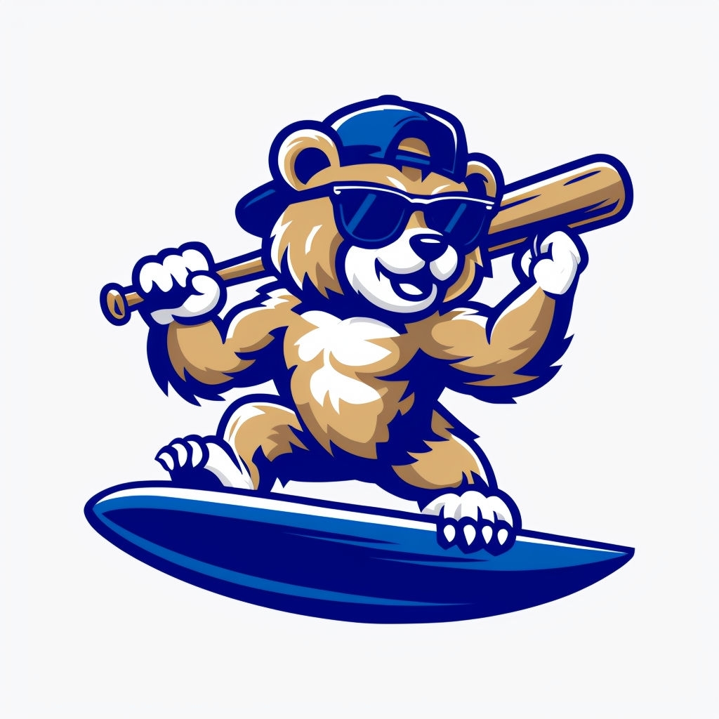 Playful Cartoon Bear Mascot Riding a Surfboard Sticker