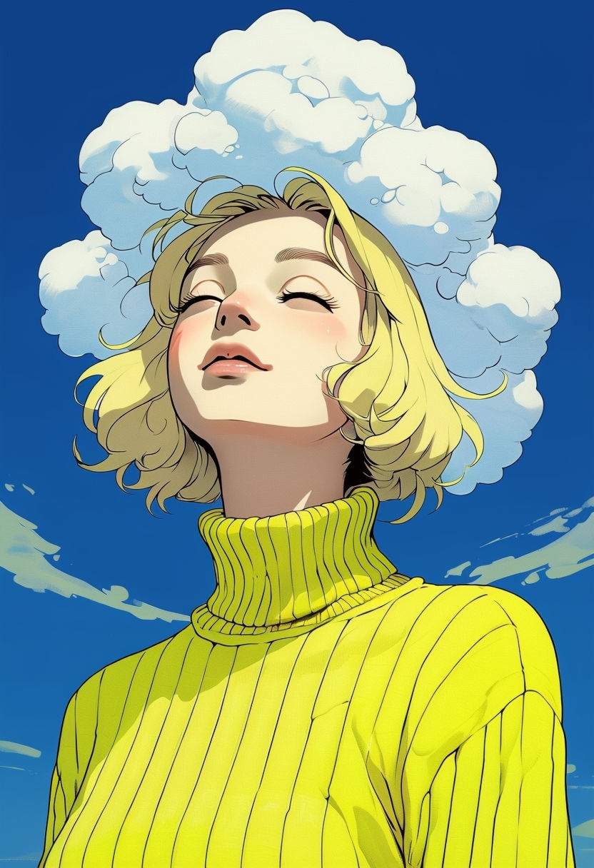 Serene Anime Woman with Cumulus Cloud and Yellow Sweater Illustration Art