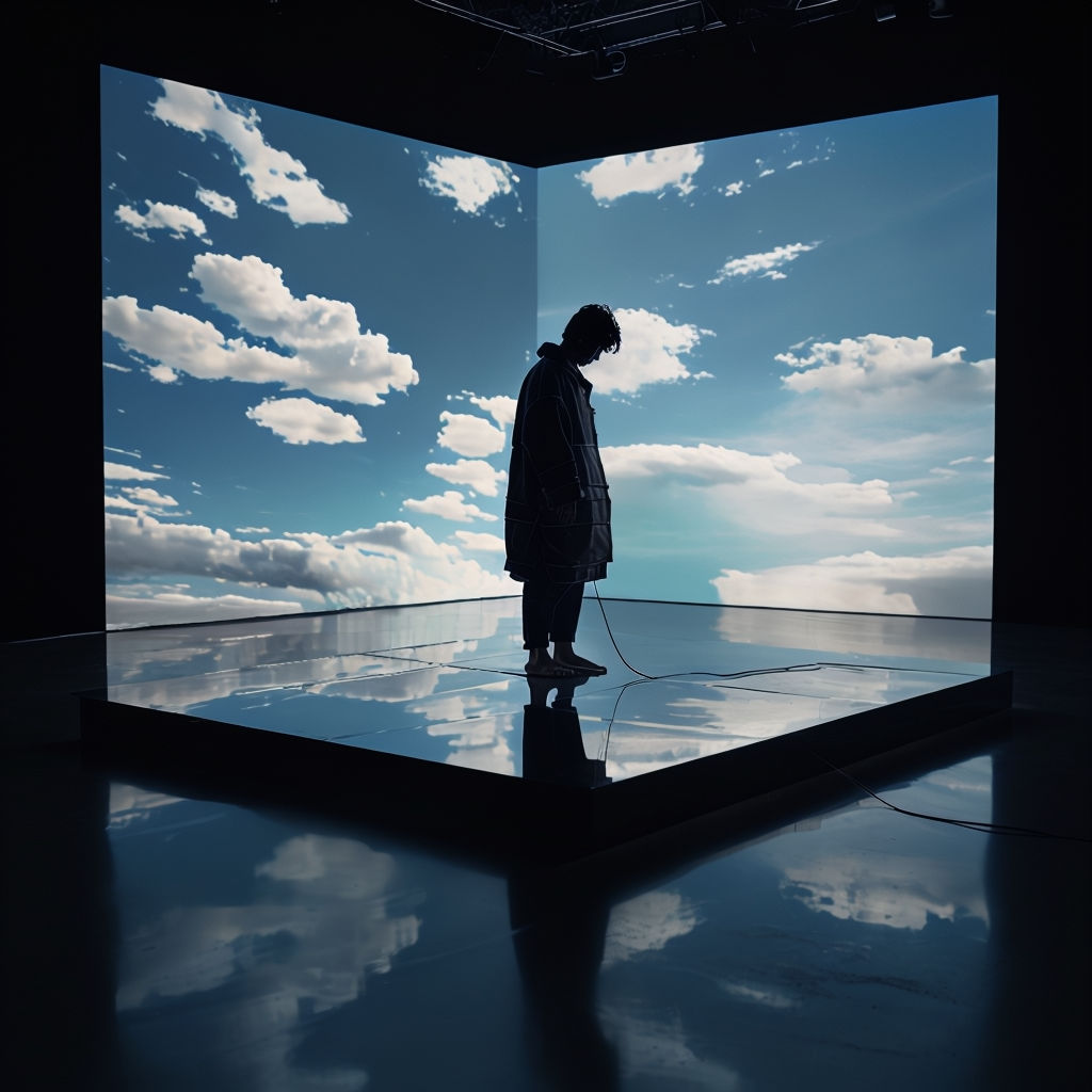 Surreal Minimalist Reflection of Solitary Figure in Dark Room Poster