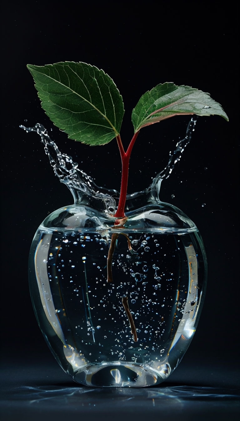 Dynamic Glass Apple-Shaped Vase with Water and Leaf Photography Art