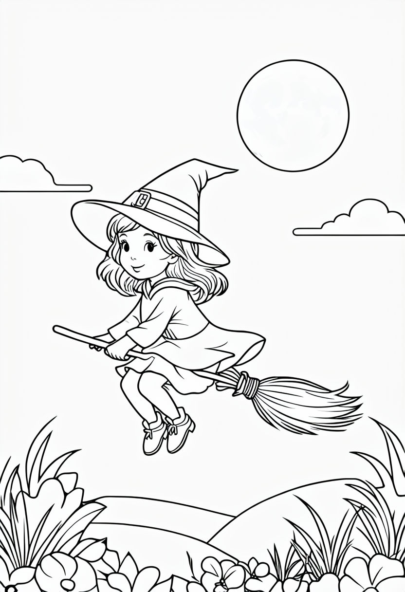 Playful Young Witch Riding Broom Coloring Book Page