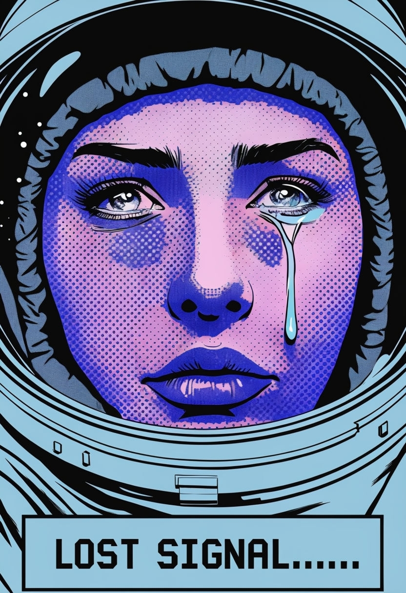 Dramatic Pop Art Astronaut with Tear and Lost Signal Text Poster