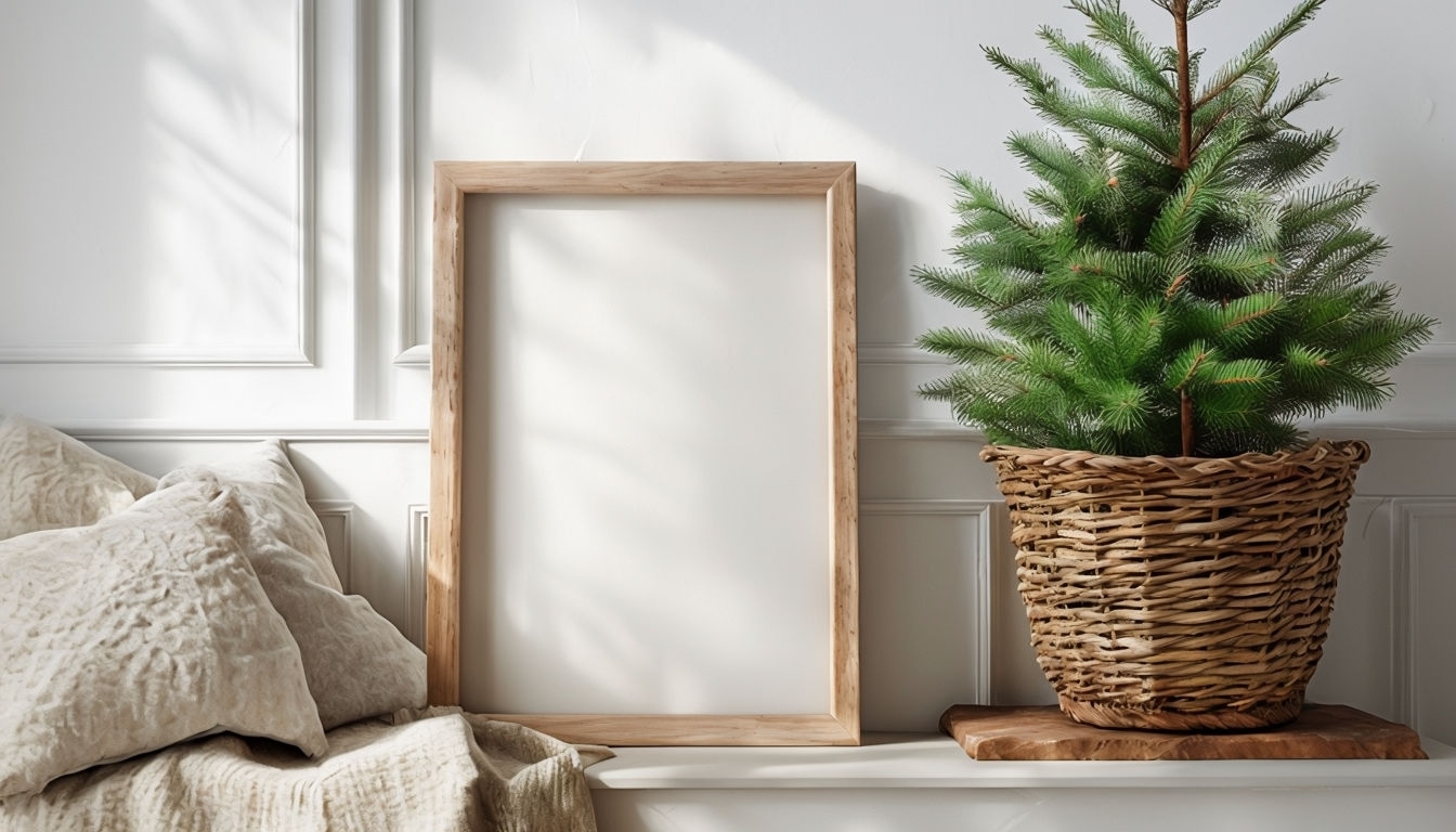 Cozy Indoor Holiday Scene with Blank Picture Frame Mockup