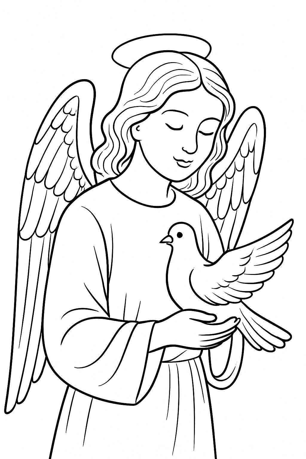 Angel Holding Dove in Serene Line Drawing Coloring Page