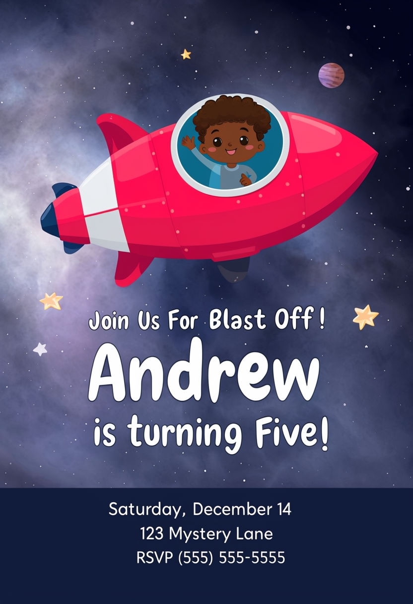 Cute Space Rocket Birthday Invitation for Andrew's Fifth Party Card