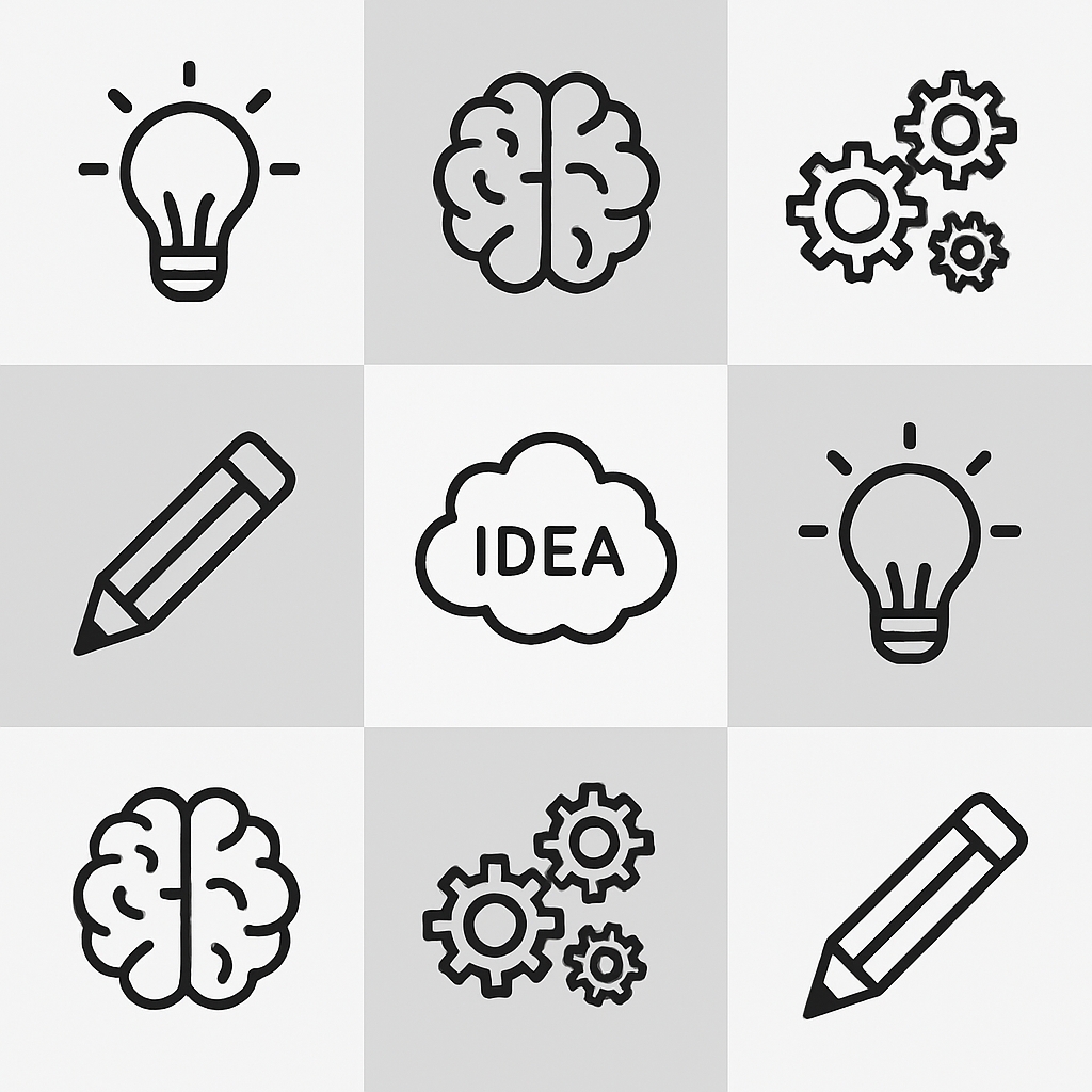 Black Line Icons Creativity Grid on Light Gray and White Pattern Seamless Pattern