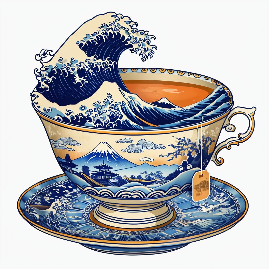 Whimsical Japanese Porcelain Teacup and Saucer Illustration Art