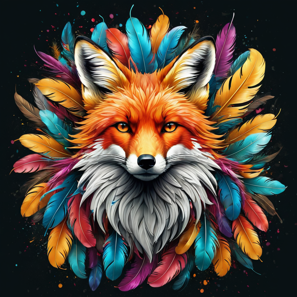 Wacky fox adorned with vibrant feathers in mid-flutter surro... by ...