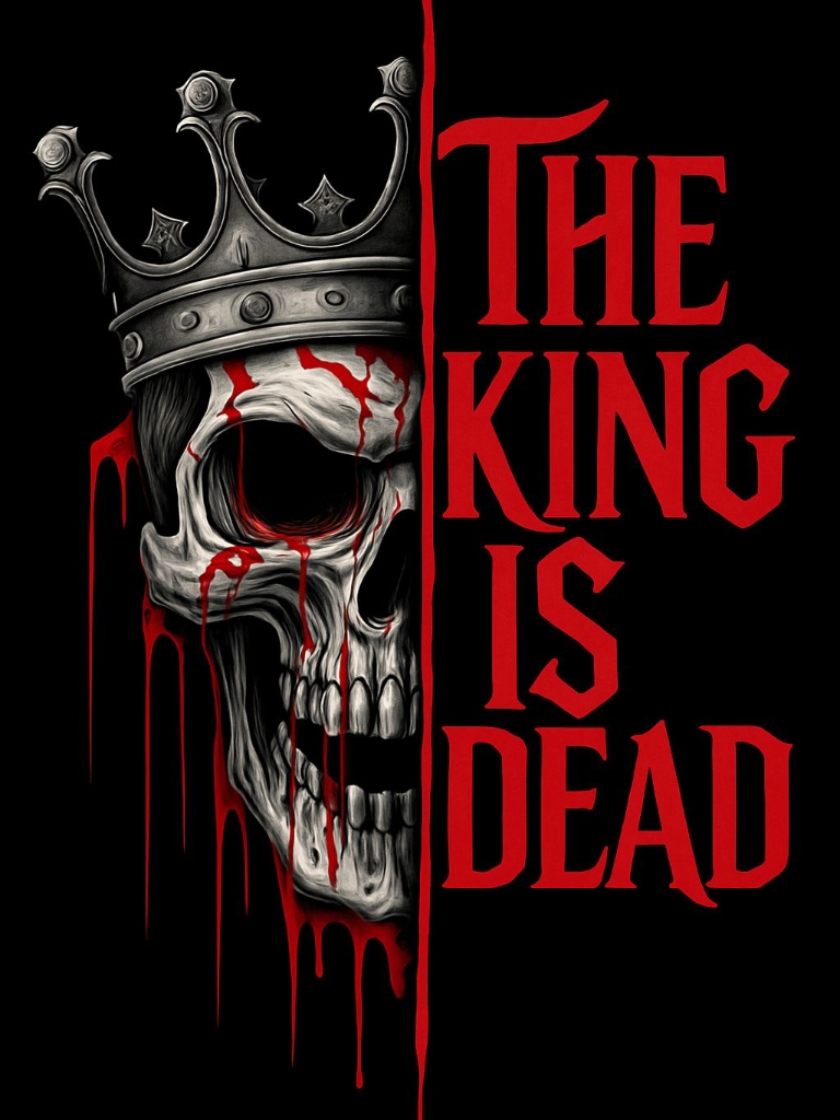 Gothic Skull and 'The King Is Dead' Bold Text Poster