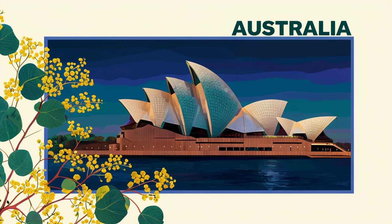 Sydney Opera House Digital Illustration with Eucalyptus Branches Virtual Backgrounds