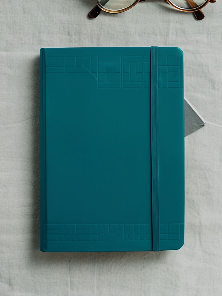 Teal Notebook with Sticky Notes and Glasses Mockup