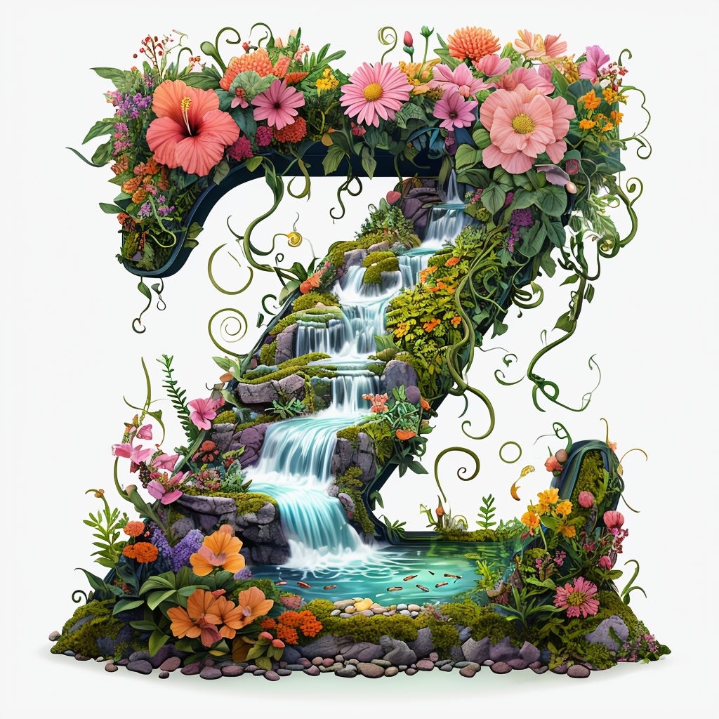 Intricate Fantasy Letter Z with Floral and Waterfall Design Monogram