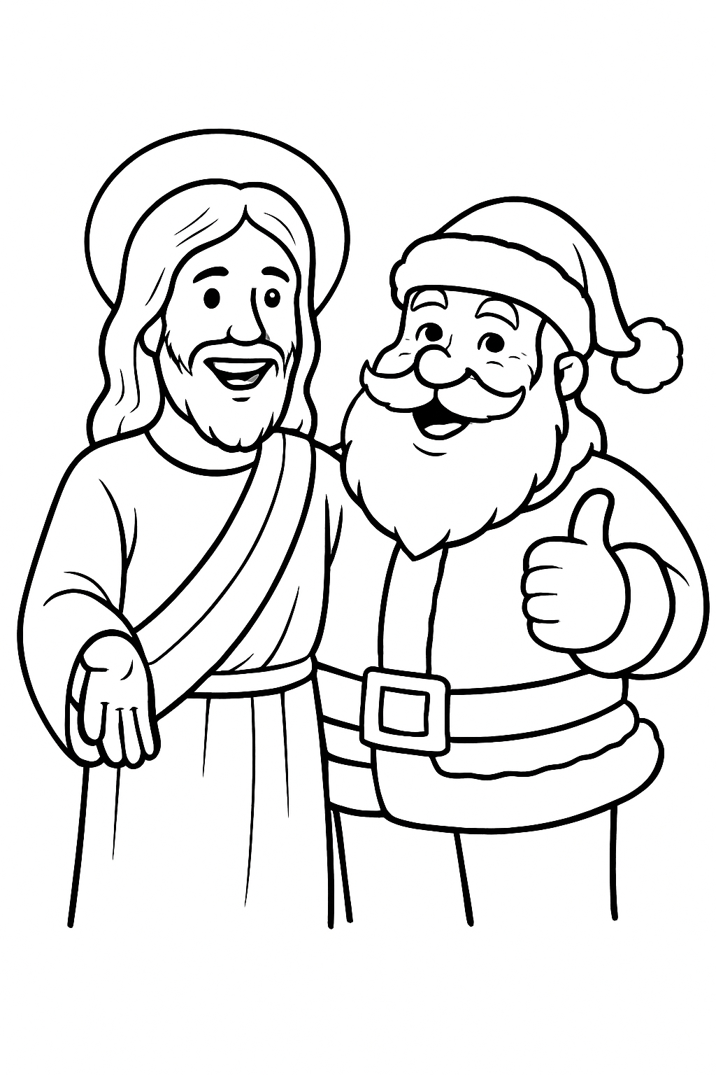 Cheerful Jesus and Santa Claus Cartoon Characters Coloring Page
