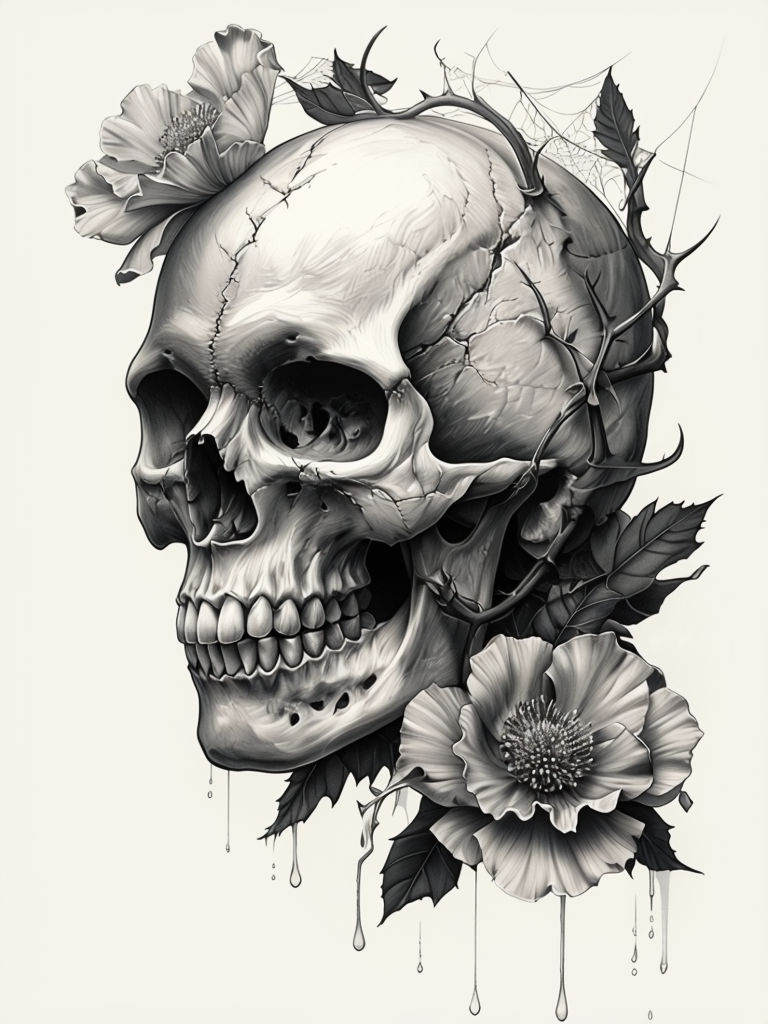 Grayscale Skull and Floral Illustration with Gothic Detailing Art