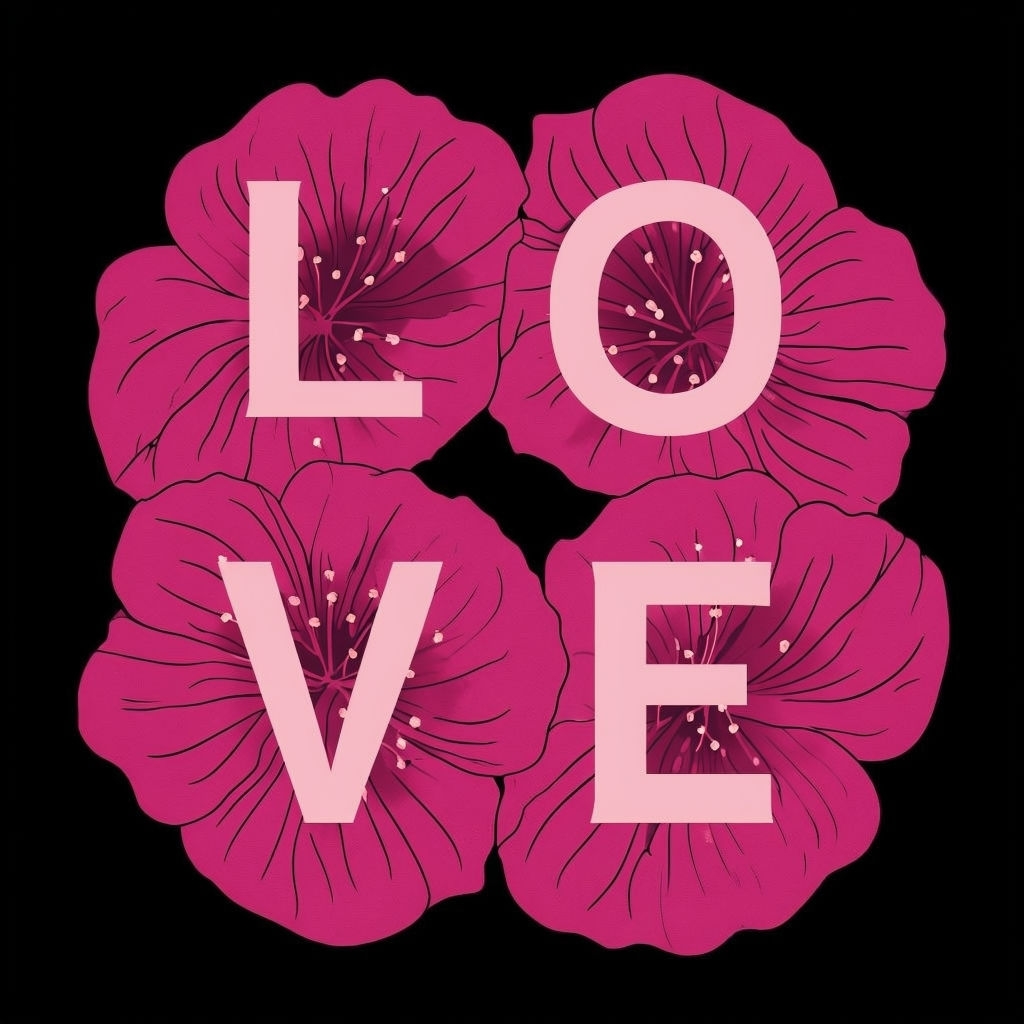 Stylized Magenta Flower Petals with Love Typography T-Shirt