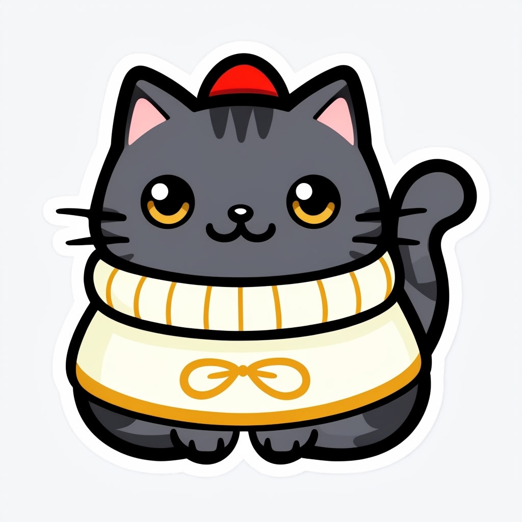 Cute Cartoon Cat in Sweater with Santa Hat Sticker