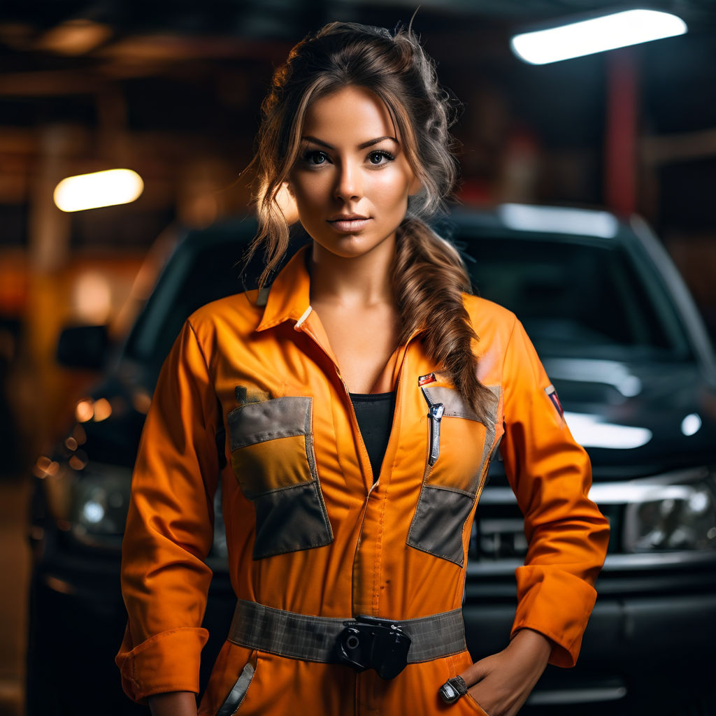 beautiful sexy hot sensual evocative strong muscled woman posing in  construction gear