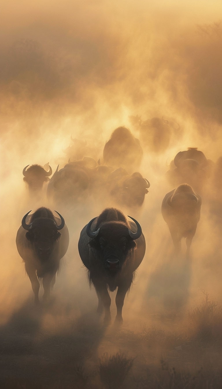 Misty Buffalo Herd at Sunrise or Sunset in Ethereal Landscape Mobile Wallpaper