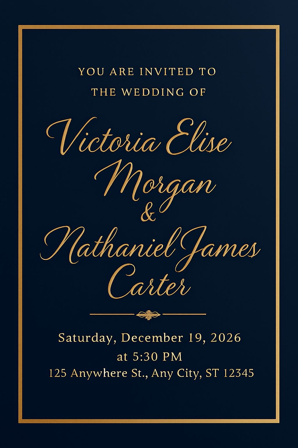 Elegant Navy Blue Gold Wedding Invitation Card Design