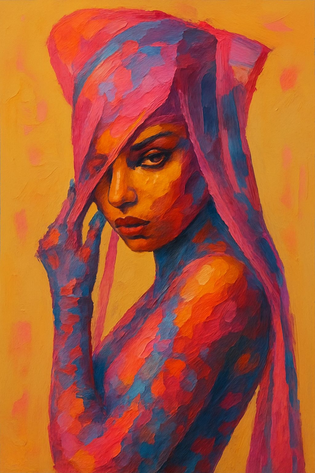 Vibrant Impressionist Portrait of Woman in Colorful Body Paint Art