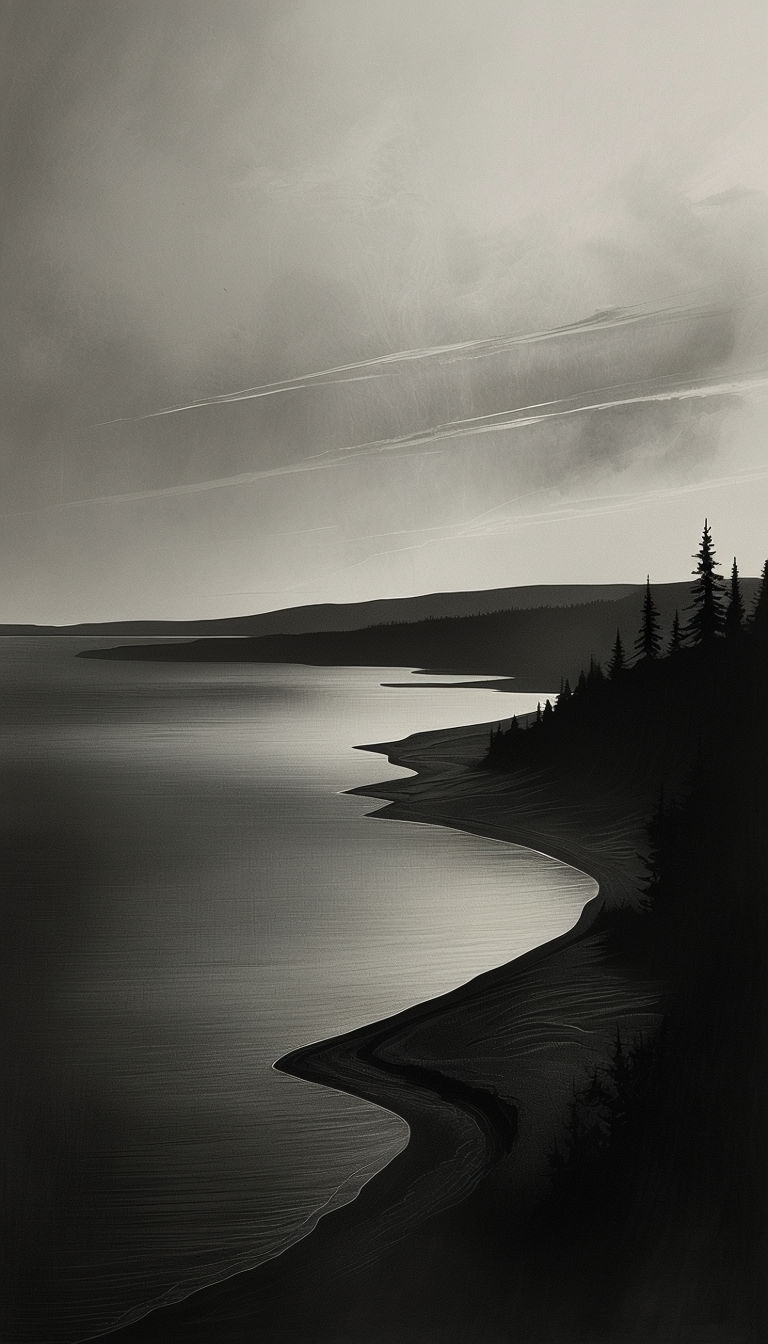 Serene Grayscale Landscape Illustration for Mobile Wallpaper