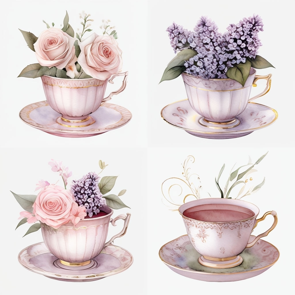 Elegant Watercolor Teacup and Flower Pattern Design Seamless Patterns