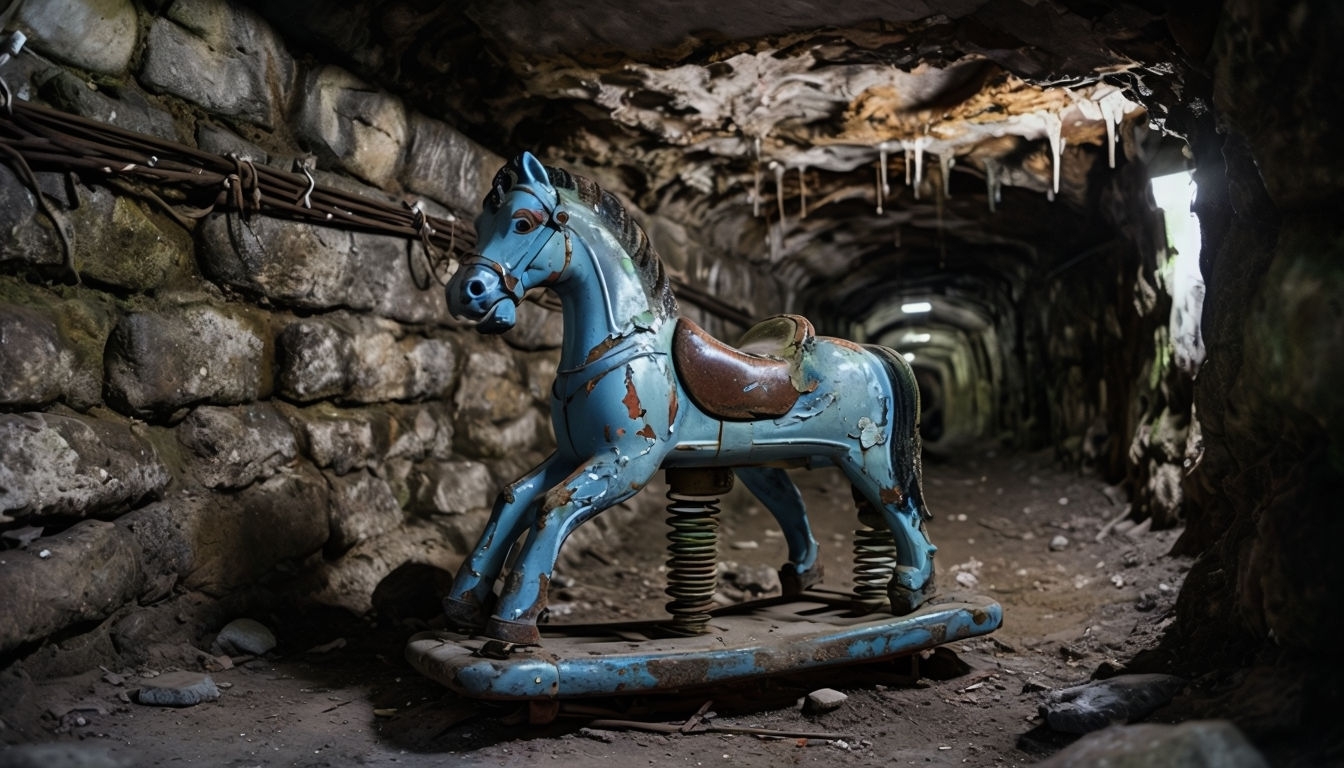 Eerie Abandoned Tunnel with Vintage Blue Horse Ride Background 