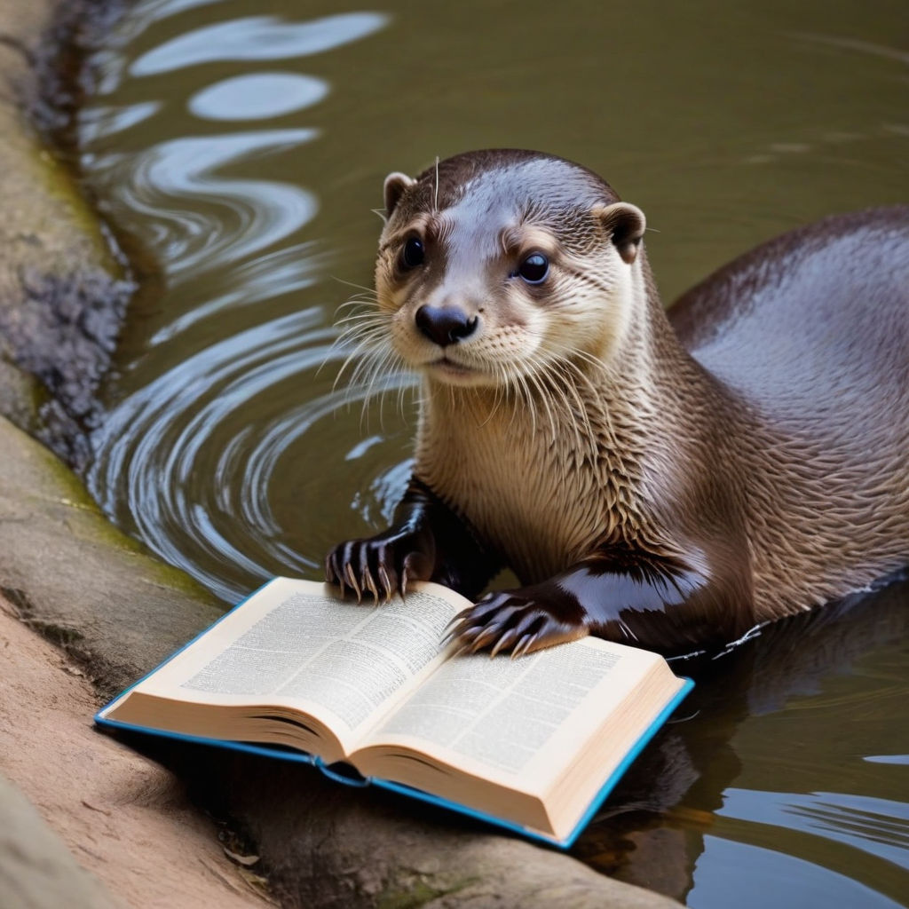 Cute big eyed river otter Reading a book by Tara Roeckers - Playground