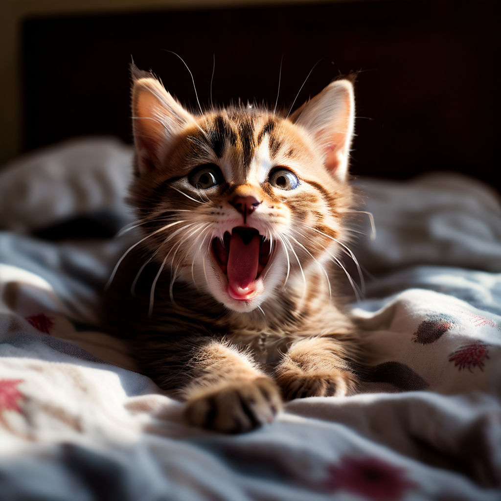 Waking up reluctantly: A kitten on a warm bed yawns by hazel guo ...