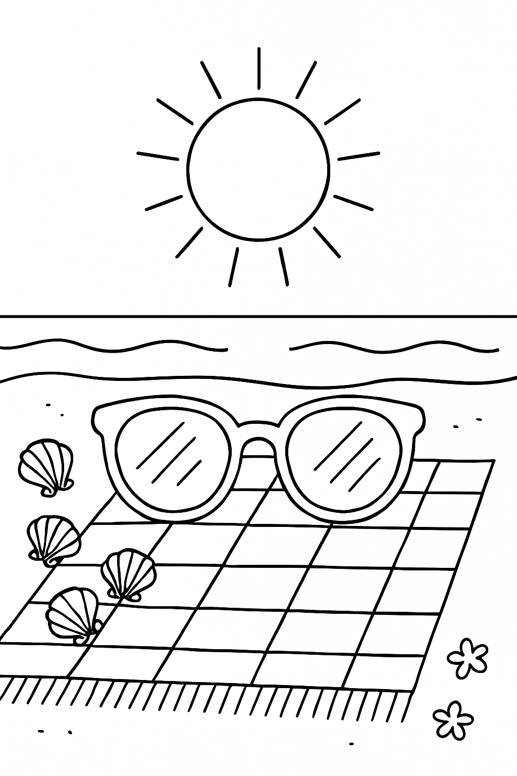 Minimalist Black and White Beach Scene Line Drawing Coloring Book Page