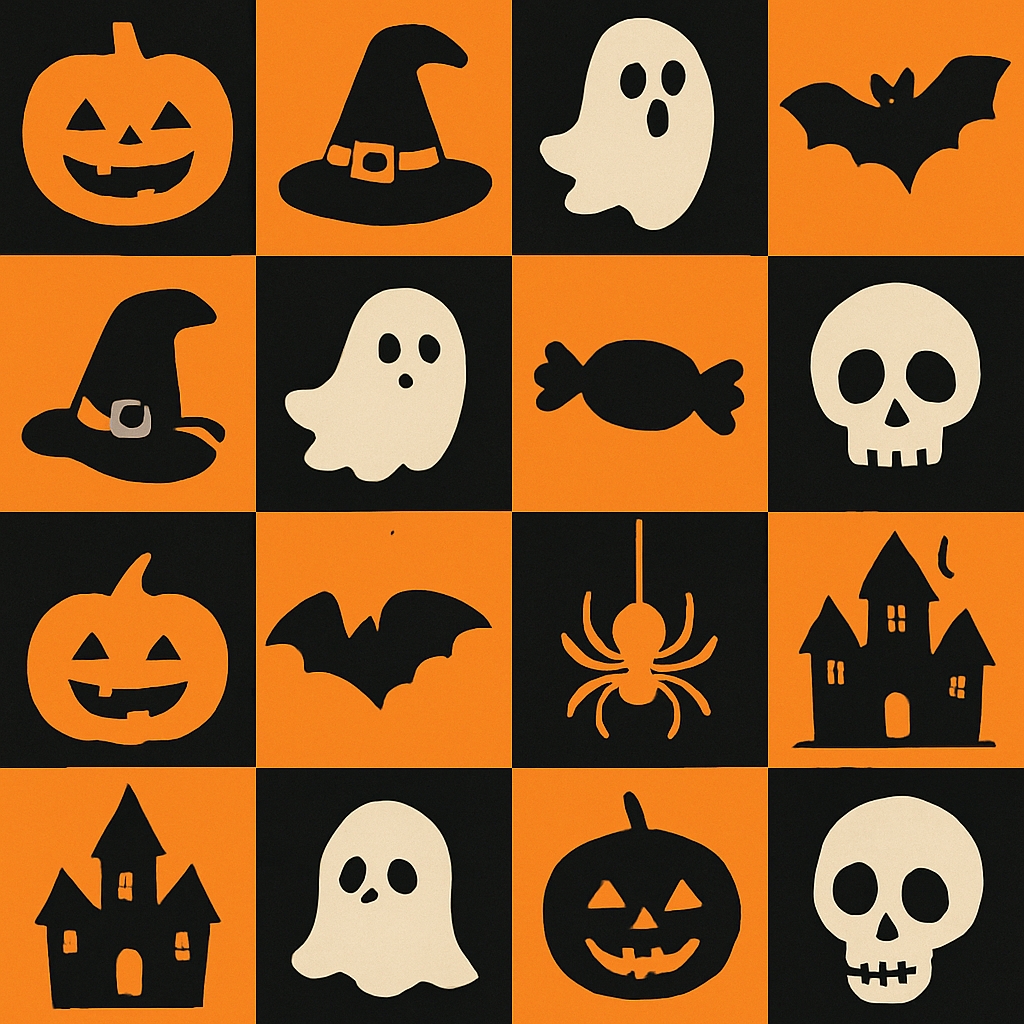 Playful Halloween Silhouettes in Orange and Black Pattern Seamless Pattern