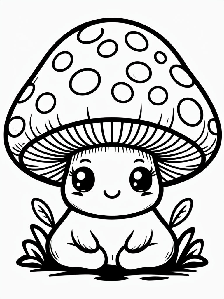 Cute Cartoon Mushroom Character Coloring Book Page Illustration