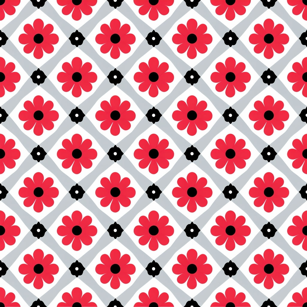 Playful Red Black White Flower Seamless Pattern