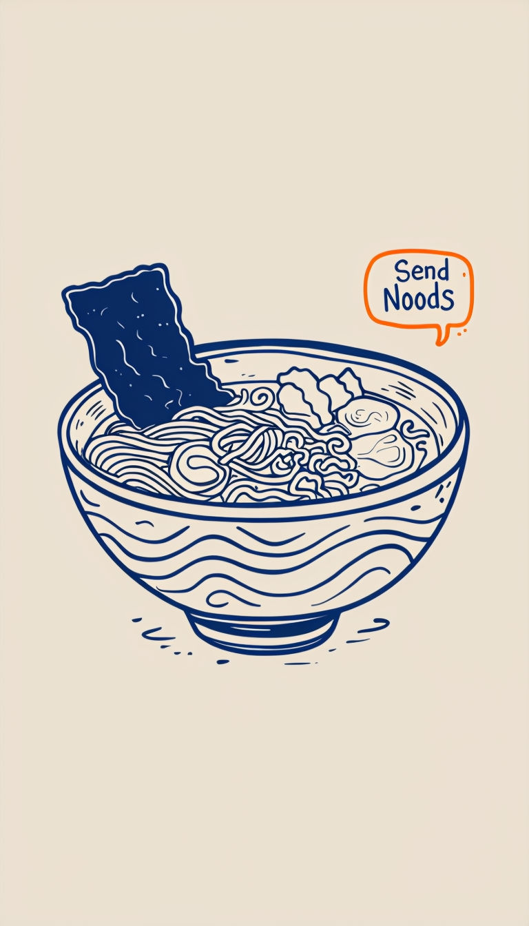 Playful Navy Blue Ramen Bowl Illustration with 'Send Noods' Speech Bubble Sticker