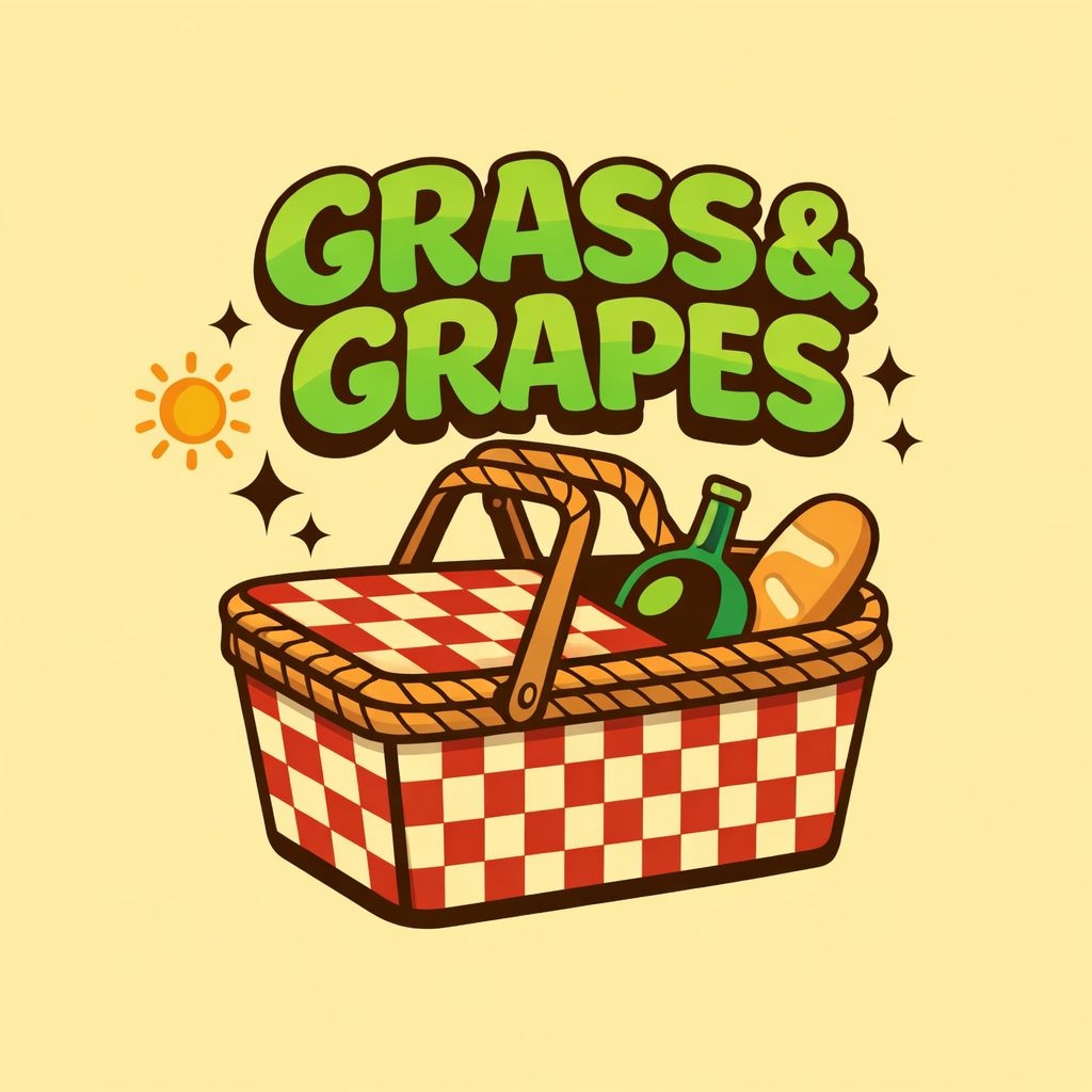 Vibrant Picnic Basket Illustration with Grass and Grapes Logo