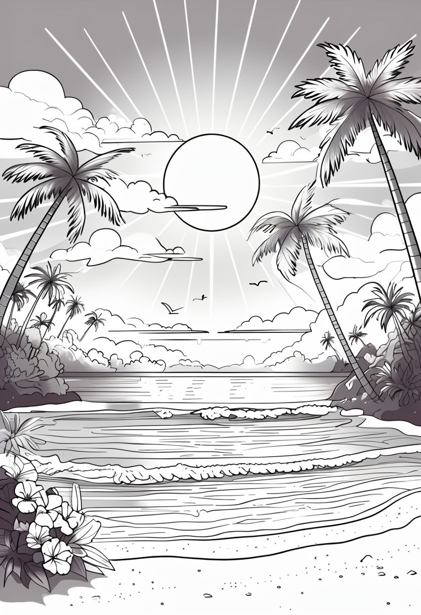 Serene Tropical Beach Scene Coloring Book Page