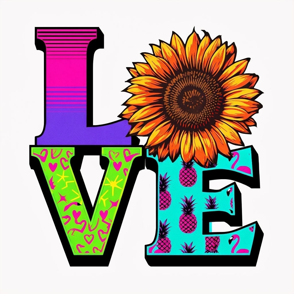 Vibrant Love Typography with Sunflower and Tropical Elements T-shirt