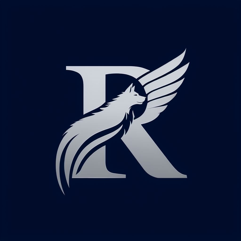 Modern Silver Letter R Logo with Abstract Wolf Design Monogram