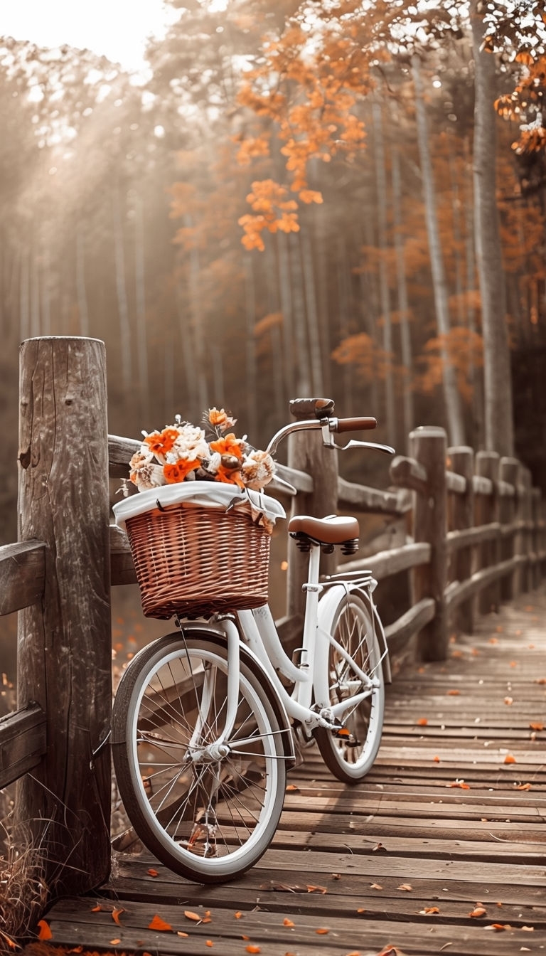 Vintage White Bicycle on Rustic Bridge with Fall Leaves Photo Phone Case Cover