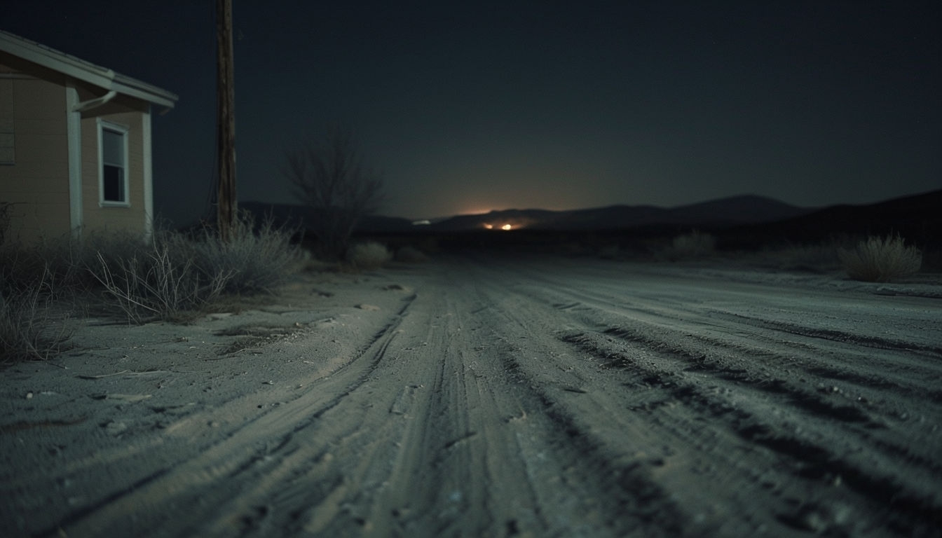 Desolate Nighttime Landscape with House and Utility Pole Background