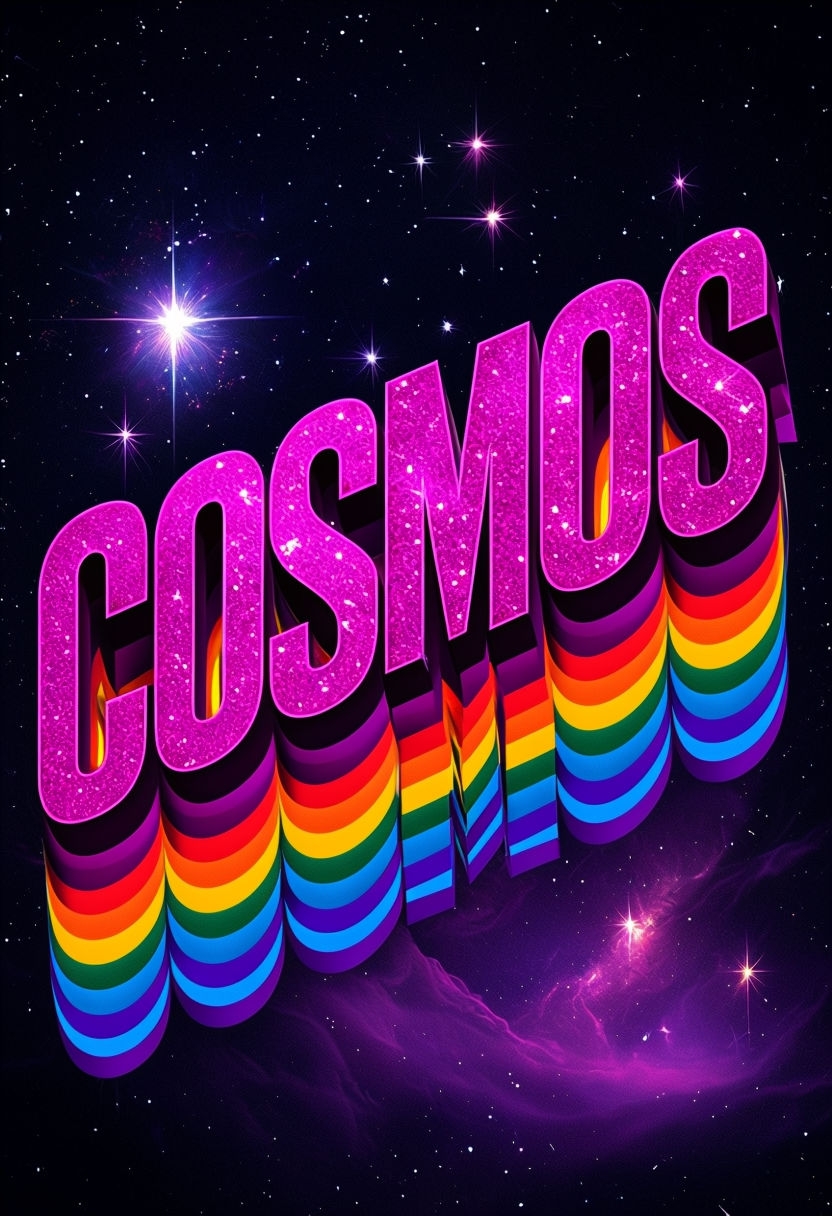 Vibrant Cosmic Art with Glittering 'COSMOS' Text Poster