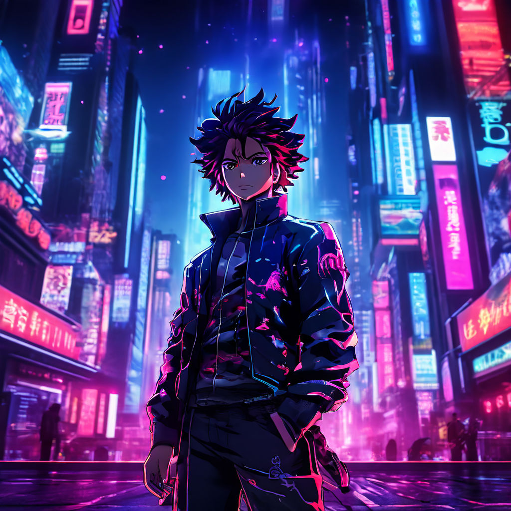 Tanjiro Kamado standing in the middle of neon light city by Taraswi ...