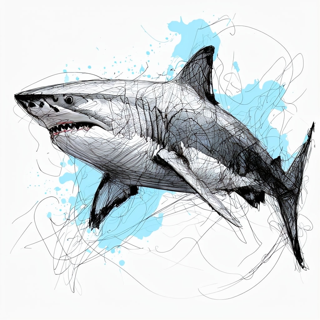 Intricate Abstract Shark Illustration with Blue Paint Splatter Mug