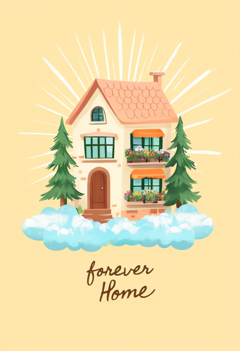 Whimsical Cozy House Illustration with Sunburst Effect