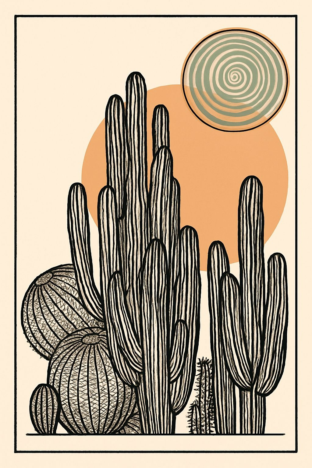 Minimalist Black and White Cacti Illustration T-Shirt
