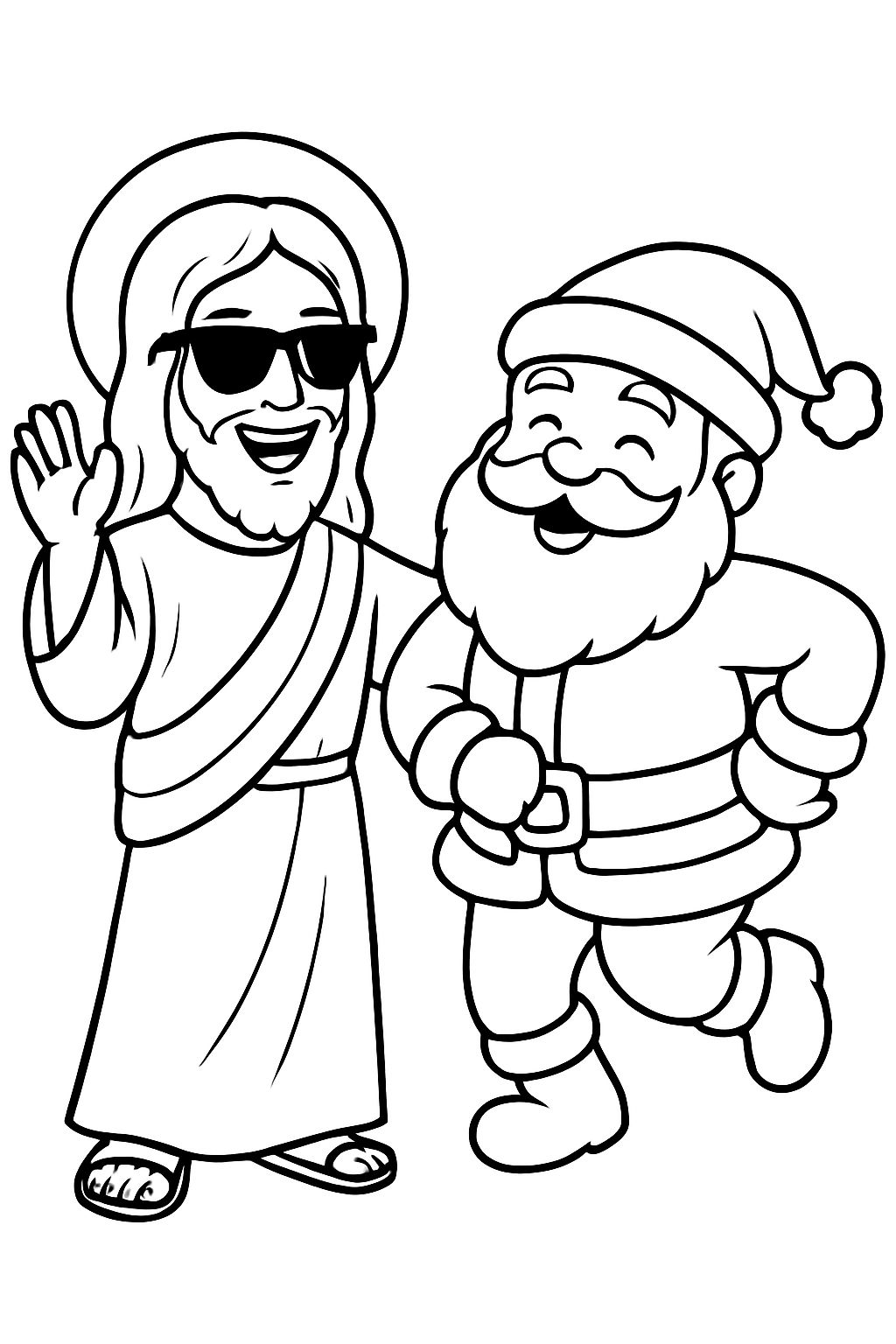 Joyful Cartoon Jesus and Santa Claus Line Art Coloring Page