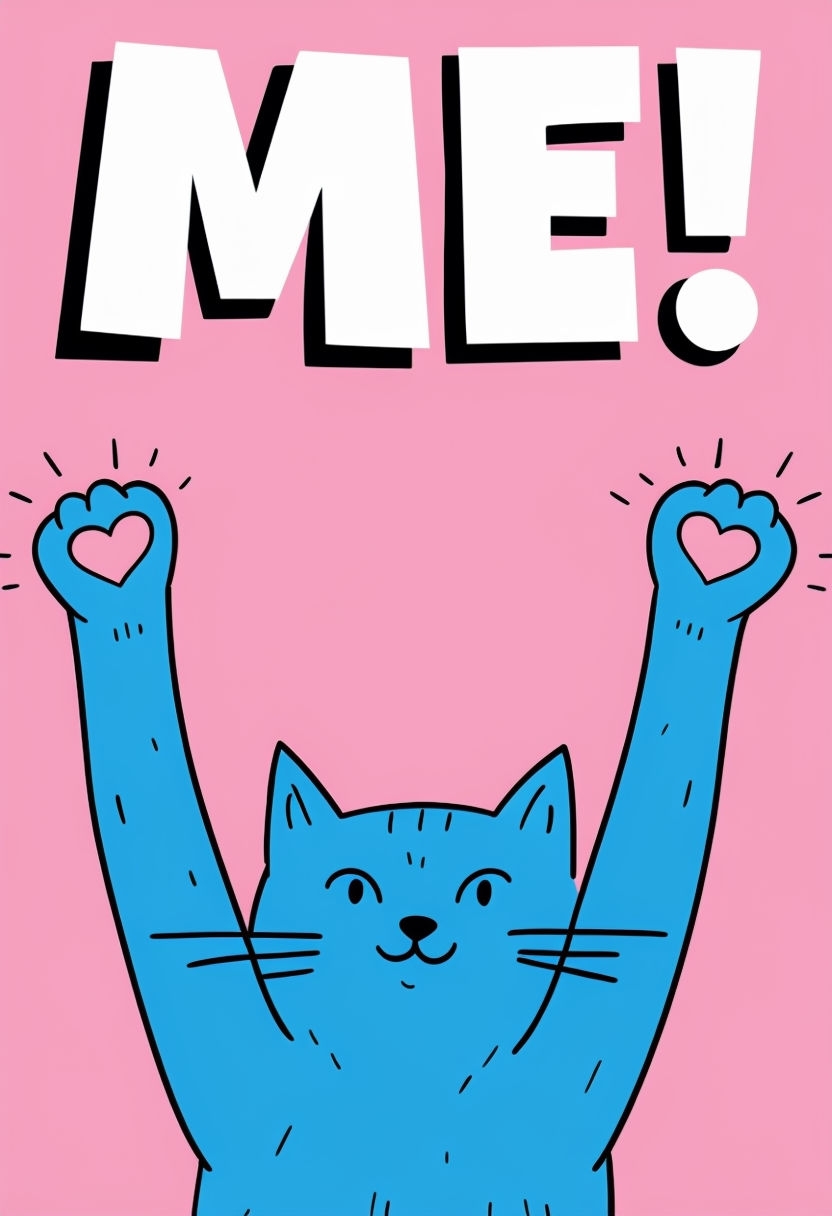 Vibrant Blue Happy Cat Cartoon with ME! Text Poster