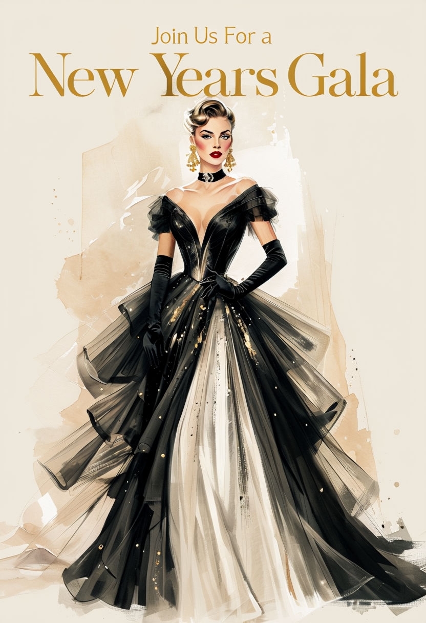 Elegant New Year's Gala Invitation with Fashion Illustration Card